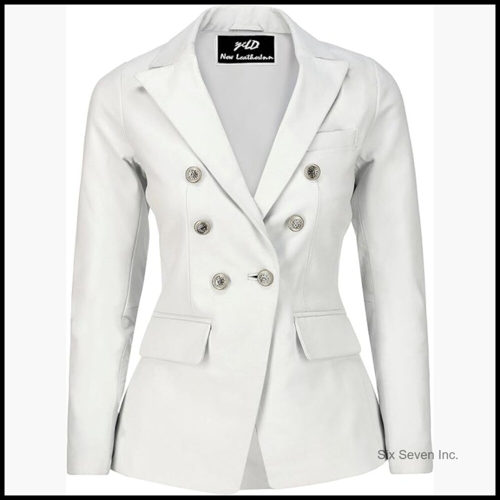 Lambskin Leather Blazer With Fancy Buttons Long Sleeve Slim Fit